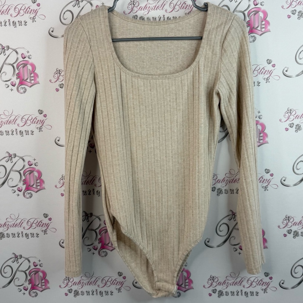 Bodysuit one piece long sleeves, Elegant Beige Ribbed Long Sleeve Bodysuit